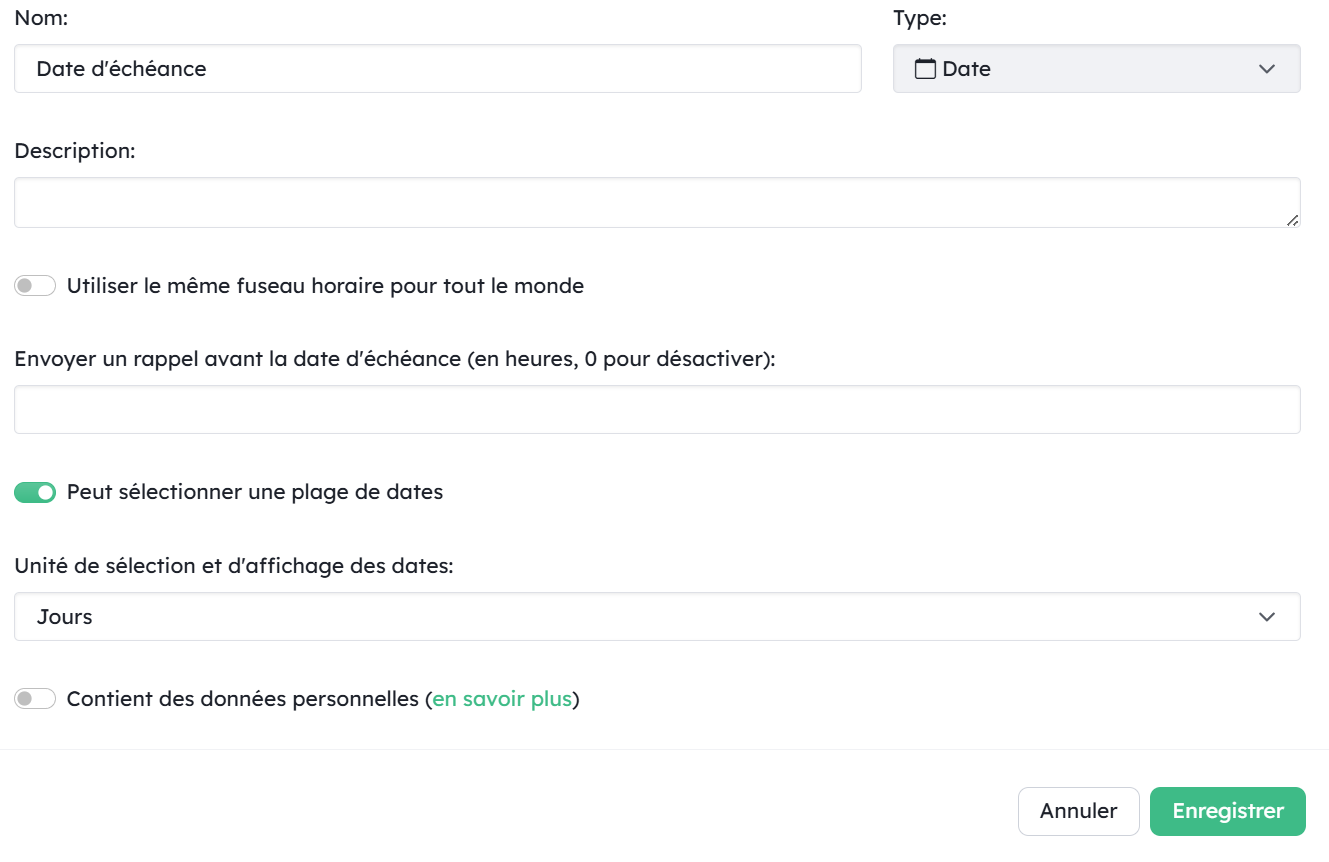Example de configuration de champ date