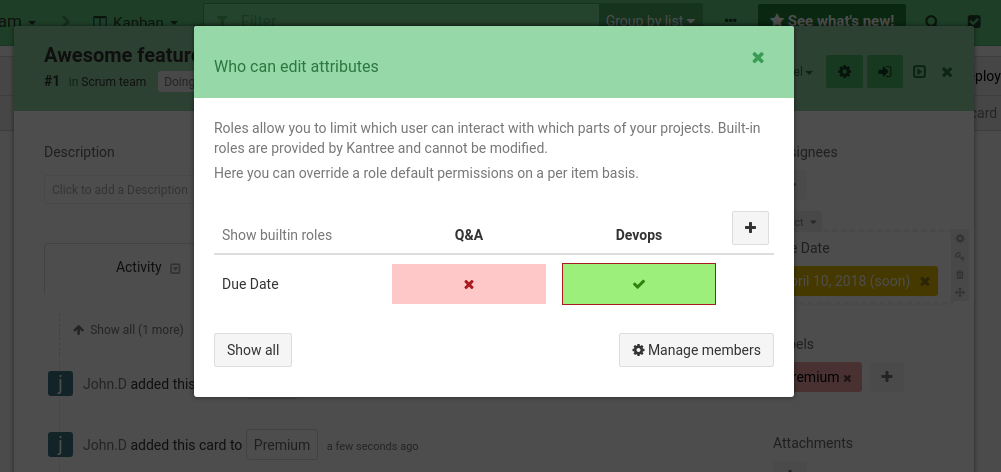 modal for fields permissions