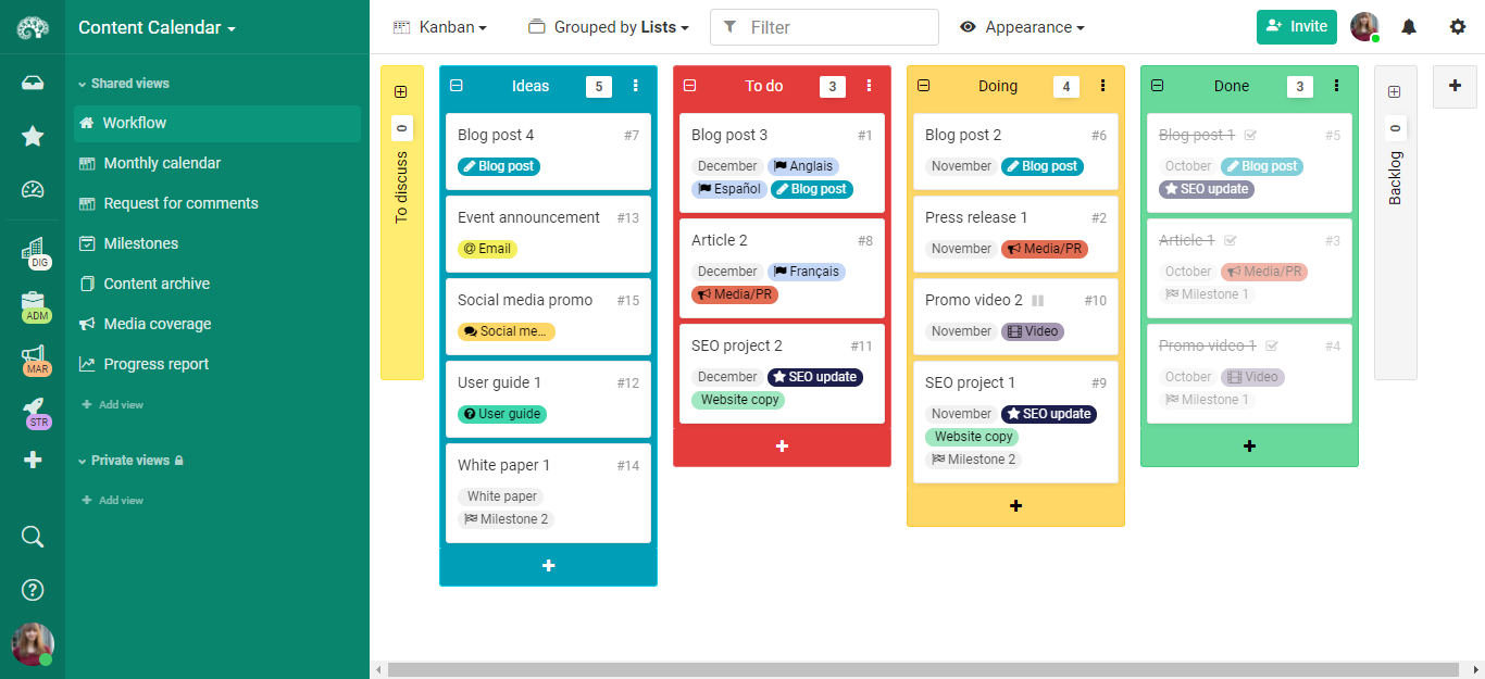 Build your workflow with Kantree's content calendar