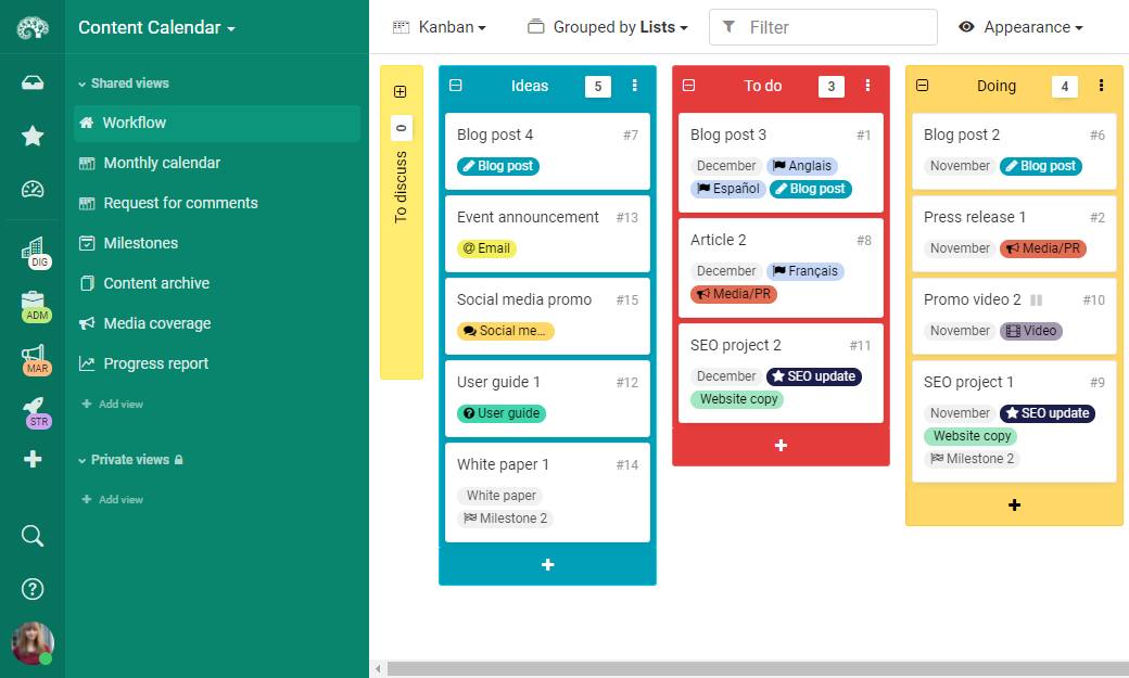 Content calendar - kanban board in Kantree 