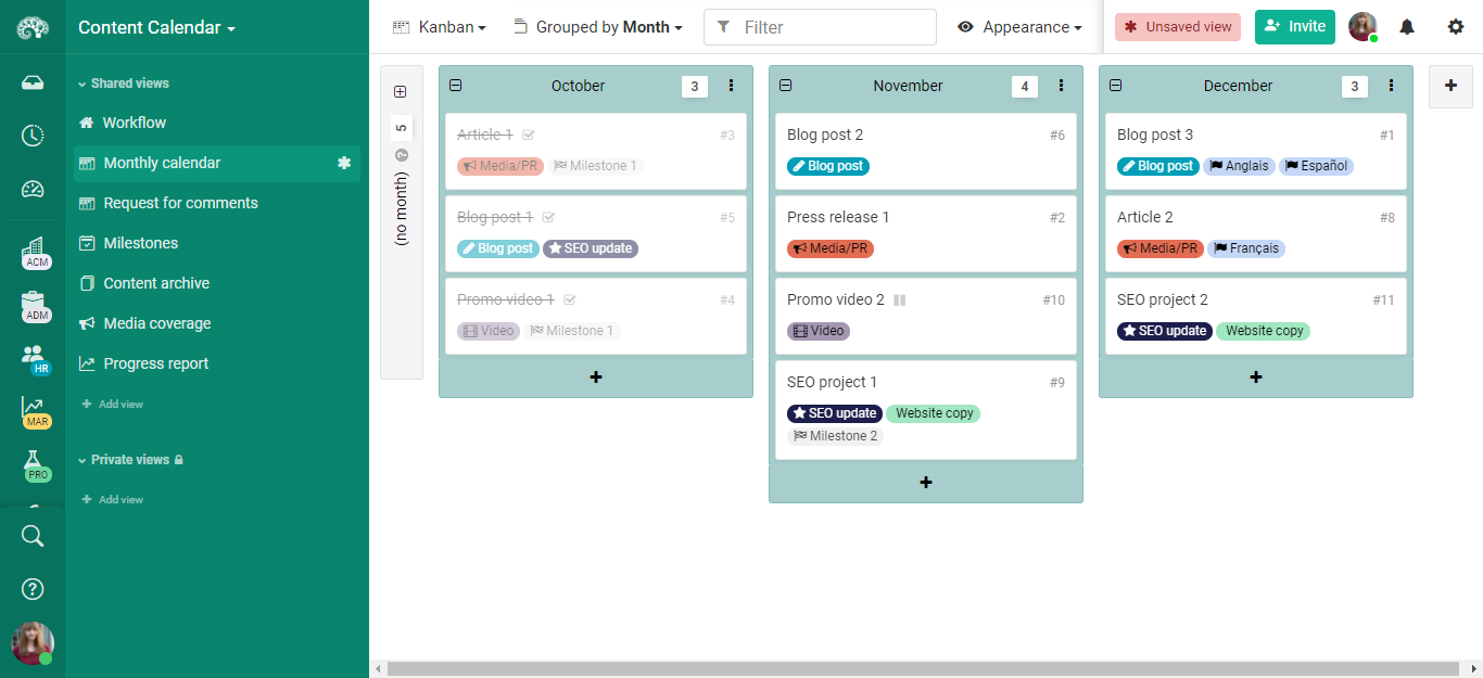 Monthly content calendar - kanban to do, doing, done