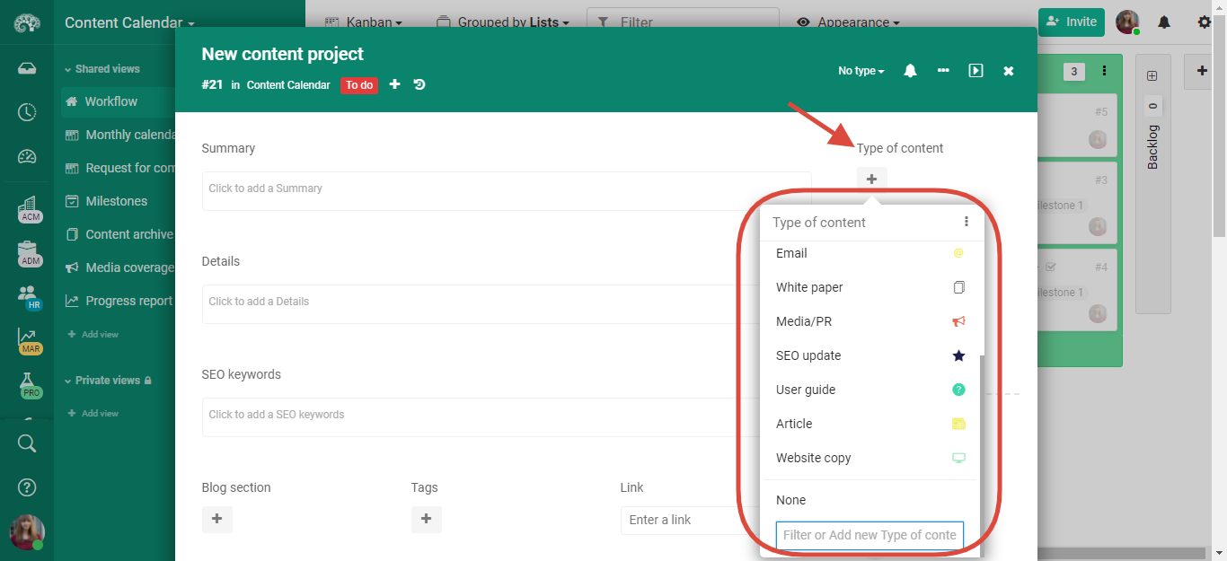 Content type editorial calendar