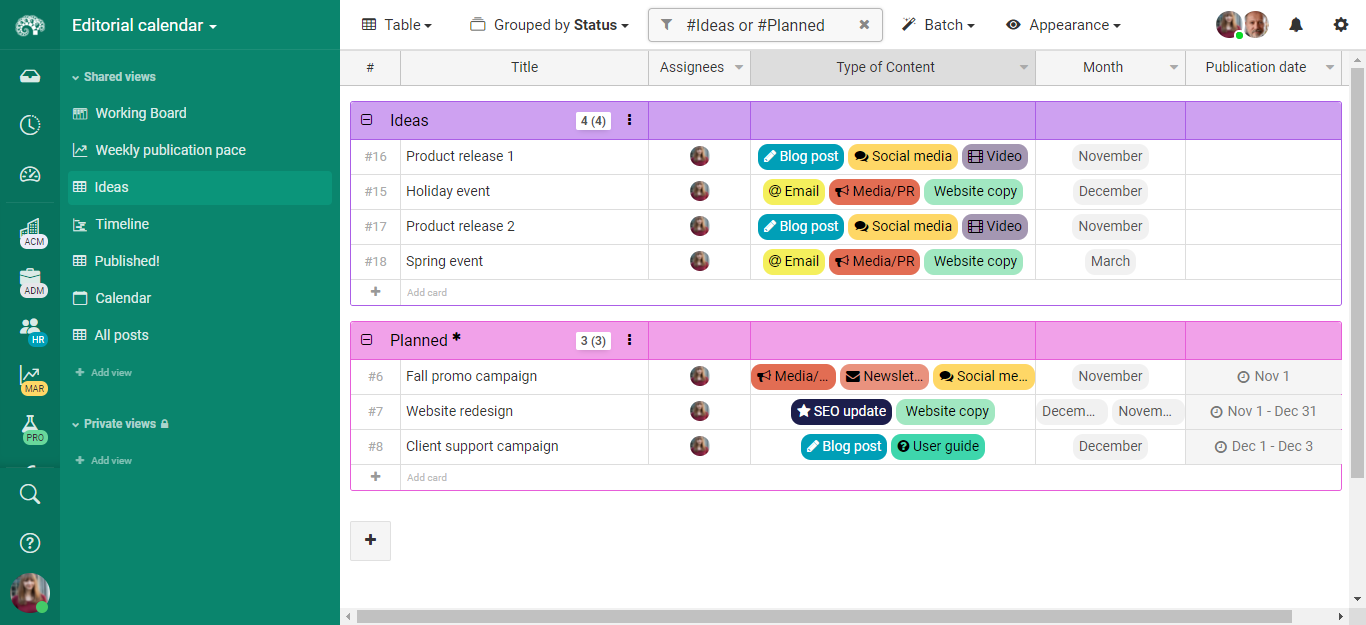 Editorial calendar for content planning in Kantree