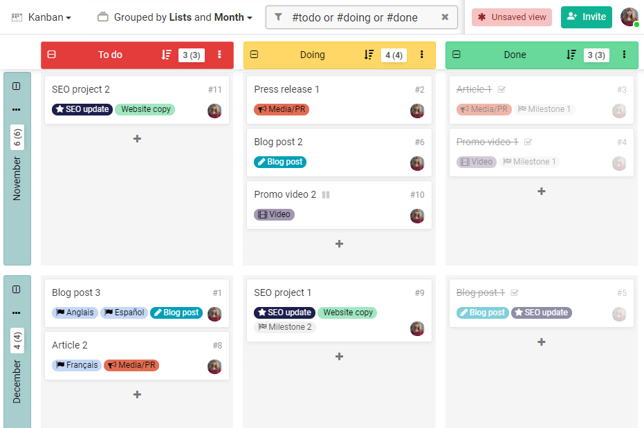 Kanban board swimlanes in Kantree