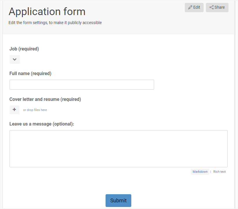 Application form made in Kantree