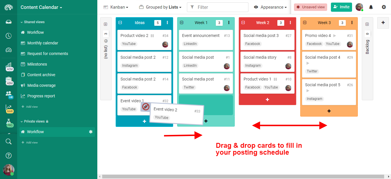 Social media scheduling in kanban